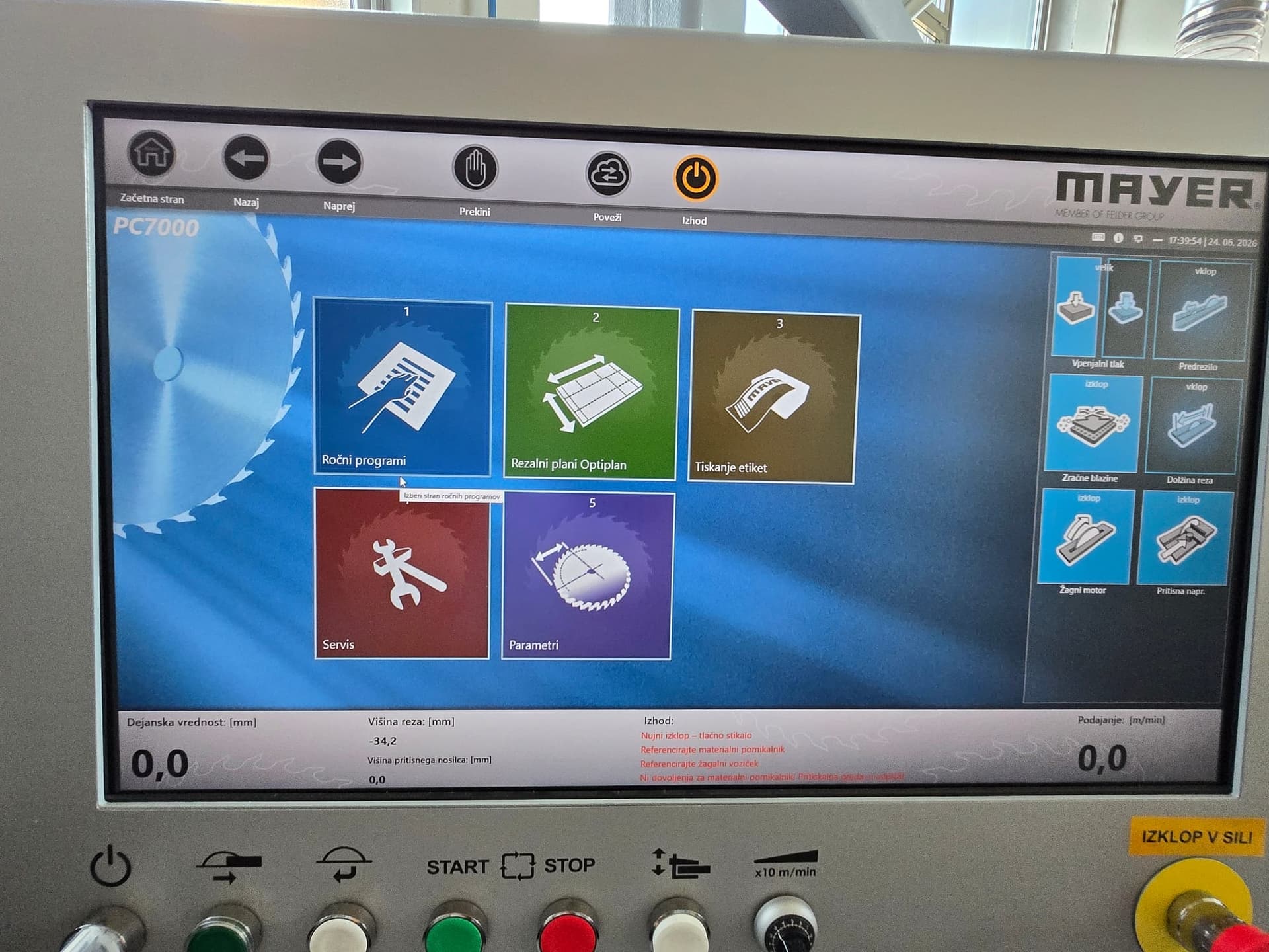 Začetni zaslon programske opreme PC7000